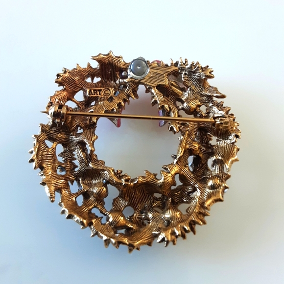 VTG ARTHUR PEPPER SIGNED ENAMEL RHINESTONE FROSTED WREATH BROOCH - Picture 4 of 4